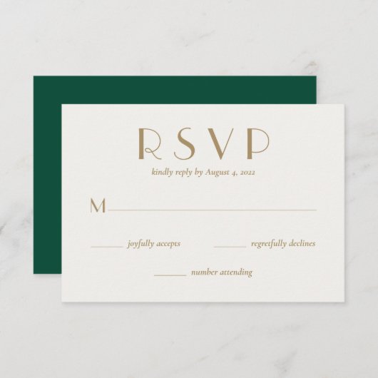 Modern Minimal Emerald Green Gold Wedding RSVP Kaartje (Voorkant / Achterkant)