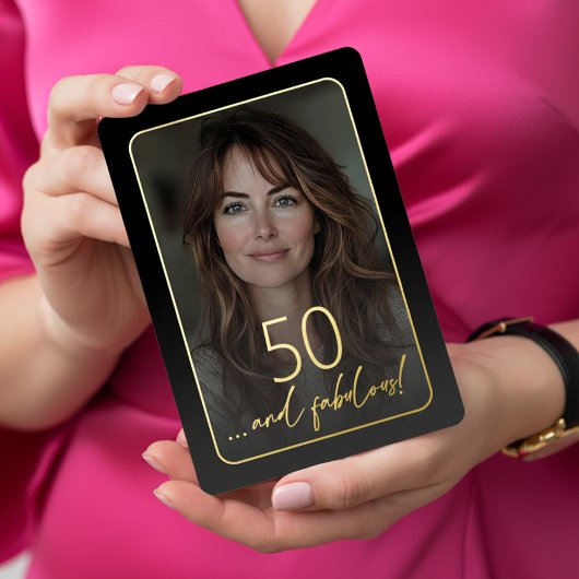 Modern Minimal Fifty Fabulous Photo Black Birthday Folie Uitnodiging