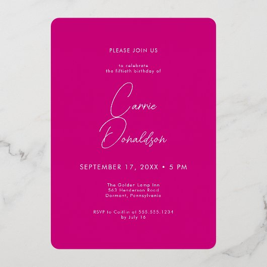 Modern Minimal Fifty Fabulous Photo Pink Birthday Folie Uitnodiging (Achterkant)