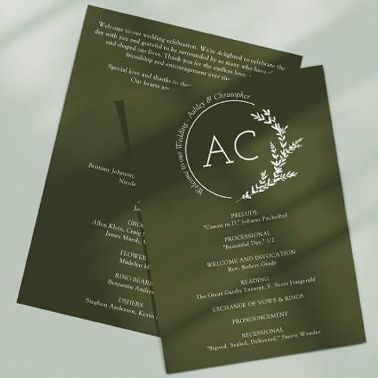 Modern Minimal Foliage Lijst Olijfgroen Huwelijk Programmakaart