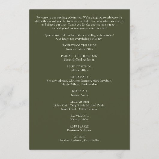 Modern Minimal Foliage Lijst Olijfgroen Huwelijk Programmakaart (Achterkant)