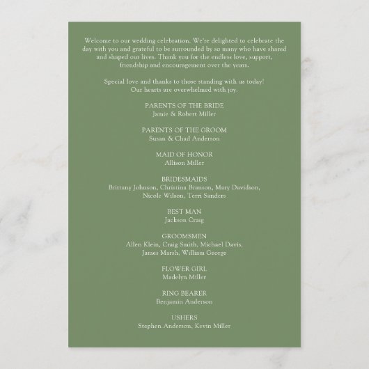 Modern Minimal gebladerte gedempt olijfgroen bruil Programmakaart (Achterkant)