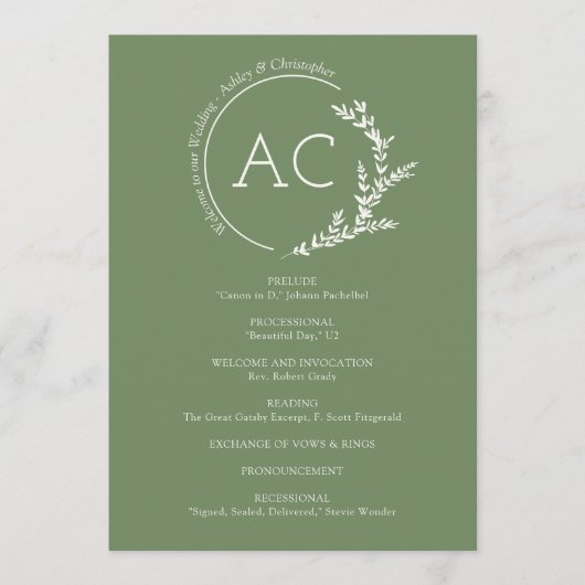 Modern Minimal gebladerte gedempt olijfgroen bruil Programmakaart (Voorkant)