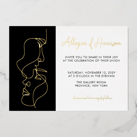 Modern Minimal Gold Black Line Art Wedding  Folie Uitnodiging (Voorkant)