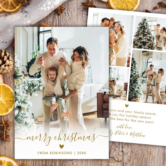Modern Minimal Gold Script 5 Photo Merry Christmas Feestdagenkaart