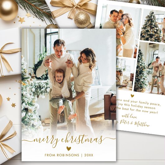 Modern Minimal Gold Script 5 Photo Merry Christmas Feestdagenkaart