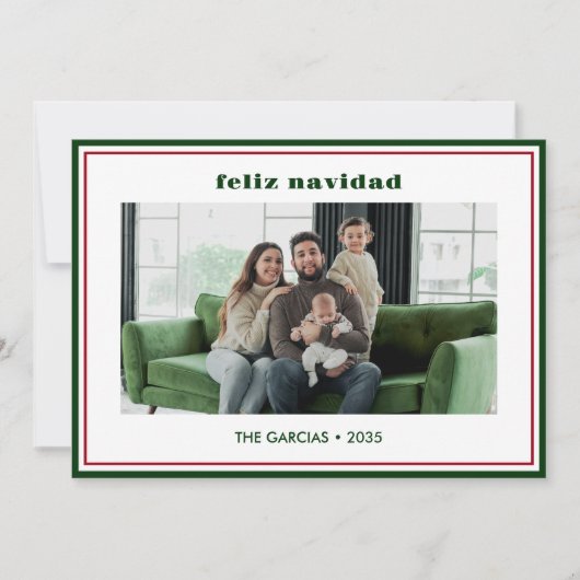 Modern Minimal Green Border Photo Feliz Navidad Feestdagenkaart (Voorkant)