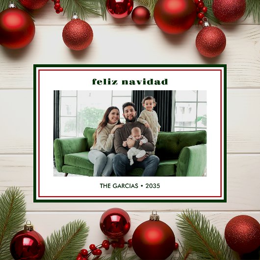 Modern Minimal Green Border Photo Feliz Navidad Feestdagenkaart