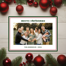 Modern Minimal Green Border Photo Holiday Card Feestdagenkaart