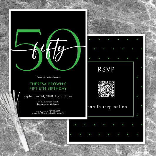 Modern Minimal Green Fifty Script Verjaardag QR Kaart