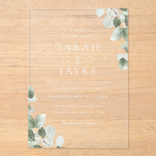 Modern Minimal Green Leaf White Wedding Acryl Uitnodigingen (Voorkant)