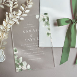 Modern Minimal Green Leaf White Wedding Acryl Uitnodigingen