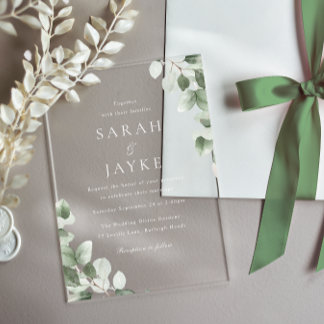 Modern Minimal Green Leaf White Wedding Acryl Uitnodigingen
