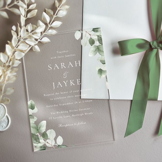 Modern Minimal Green Leaf White Wedding Acryl Uitnodigingen