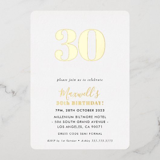 MODERN MINIMAL leeftijd simpel chic 30-jarig goud Folie Uitnodiging (Voorkant)