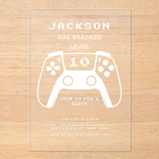 Modern Minimal Level Up Gamer Kids Verjaardagsfees Acryl Uitnodigingen (Voorkant)