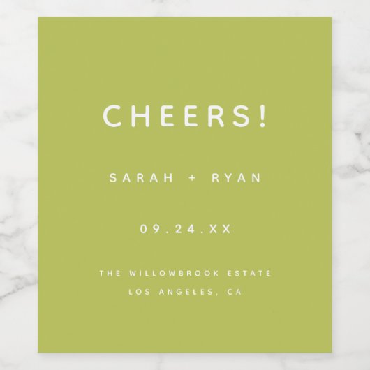 Modern Minimal Lime Green "Cheers!" Wedding Wijn Etiket (Enkel label)