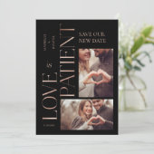 Modern Minimal Love is Patient Roos Gold Photo Save The Date (Staand voorkant)