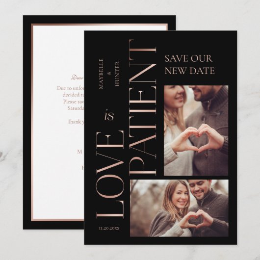 Modern Minimal Love is Patient Roos Gold Photo Save The Date (Voorkant / Achterkant)