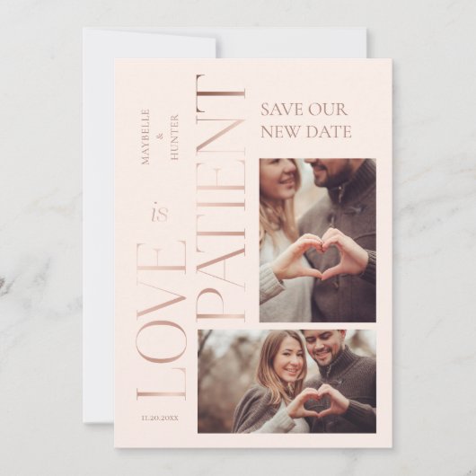 Modern Minimal Love is Patient Roos Gold Photo Save The Date (Voorkant)