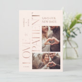 Modern Minimal Love is Patient Roos Gold Photo Save The Date (Staand voorkant)