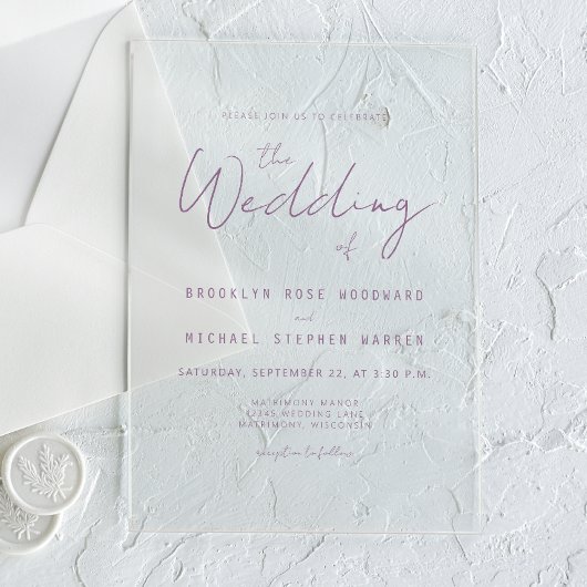 Modern Minimal Mauve Script Wedding Acryl Uitnodigingen
