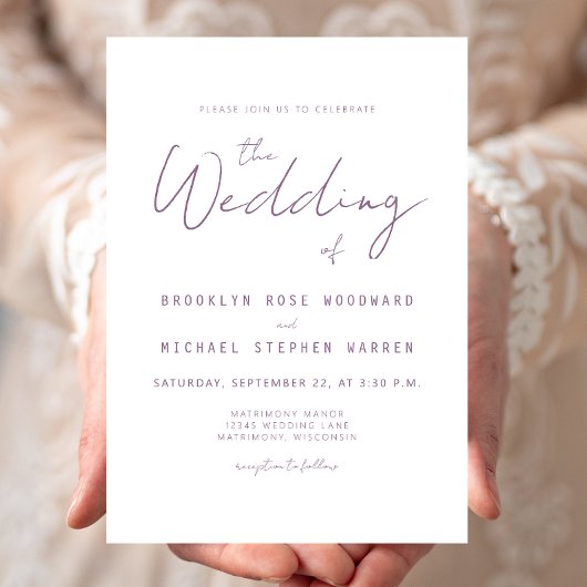 Modern Minimal Mauve Script Wedding Invite Kaart