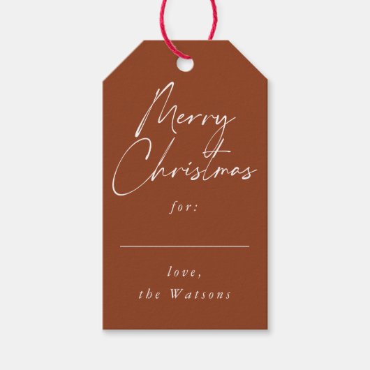 Modern Minimal Merry Christmas Script Rust Red Cadeaulabel (Voorkant)