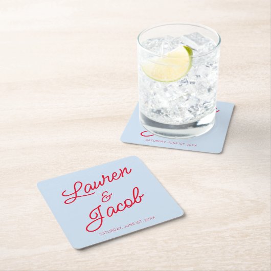 Modern Minimal Minimalist Blue and Red Wedding Kartonnen Onderzetters (Insitu)
