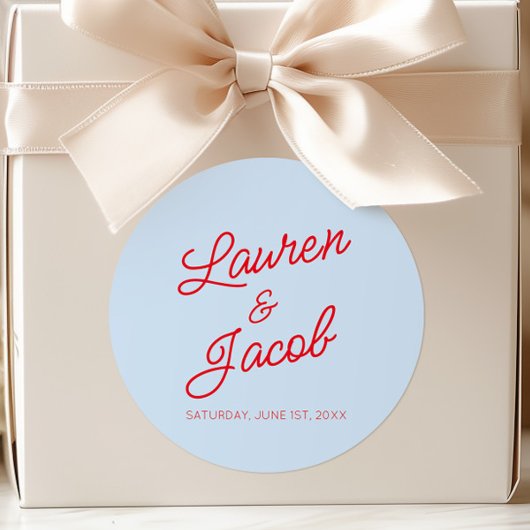 Modern Minimal Minimalist Blue and Red Wedding Ronde Sticker