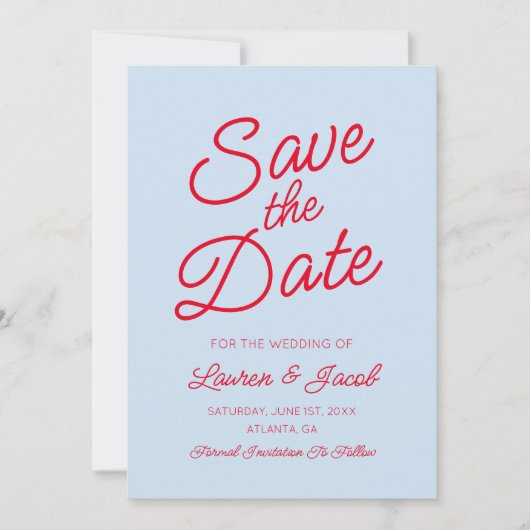 Modern Minimal Minimalist Blue and Red Wedding Save The Date (Voorkant)
