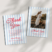 Modern Minimal Minimalist Blue Stripes Red Wedding Bedankkaart