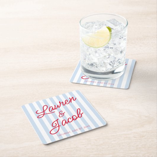 Modern Minimal Minimalist Blue Stripes Red Wedding Kartonnen Onderzetters (Insitu)