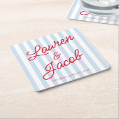 Modern Minimal Minimalist Blue Stripes Red Wedding Kartonnen Onderzetters (Schuin)
