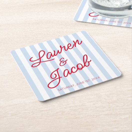 Modern Minimal Minimalist Blue Stripes Red Wedding Kartonnen Onderzetters (Schuin)