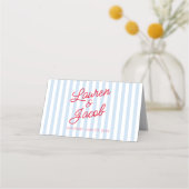 Modern Minimal Minimalist Blue Stripes Red Wedding Plaatskaartje (Achterkant)