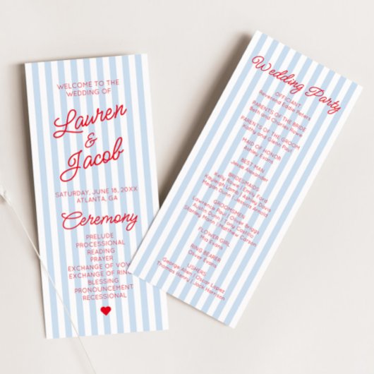 Modern Minimal Minimalist Blue Stripes Red Wedding Programmakaart