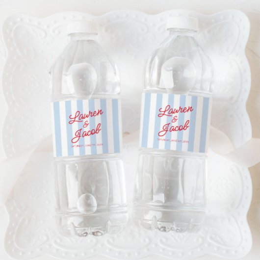 Modern Minimal Minimalist Blue Stripes Red Wedding Waterfles Etiket