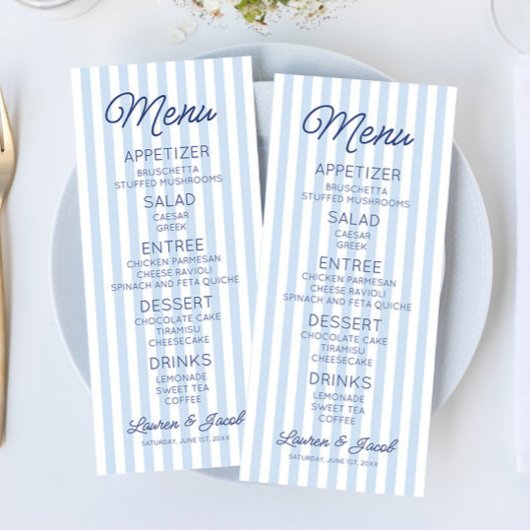 Modern Minimal Minimalist Blue Stripes Wedding Menu