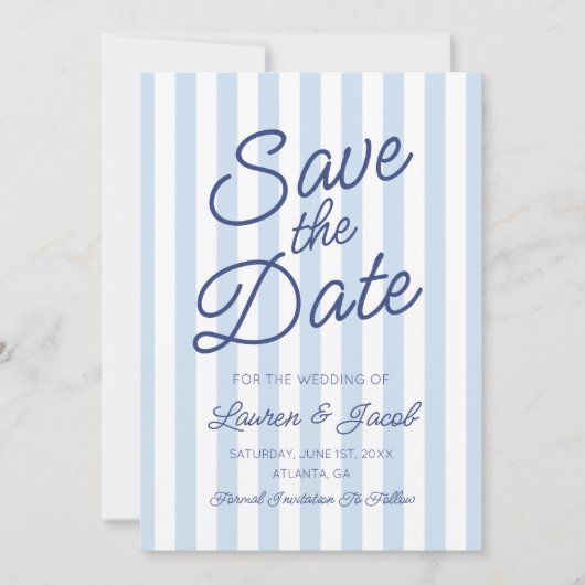 Modern Minimal Minimalist Blue Stripes Wedding Save The Date (Voorkant)