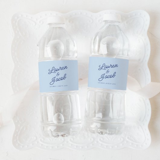 Modern Minimal Minimalist Blue Wedding Waterfles Etiket
