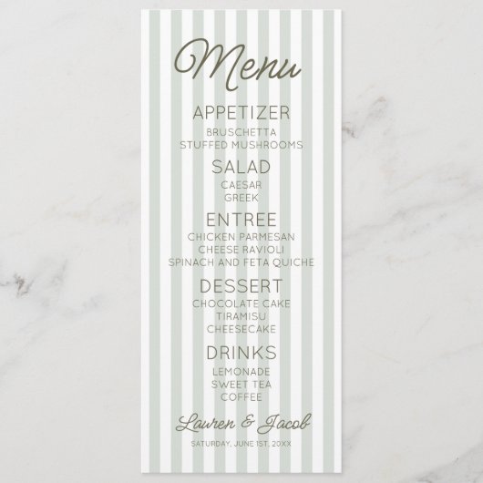 Modern Minimal Minimalist Green Stripes Wedding Menu (Voorkant)