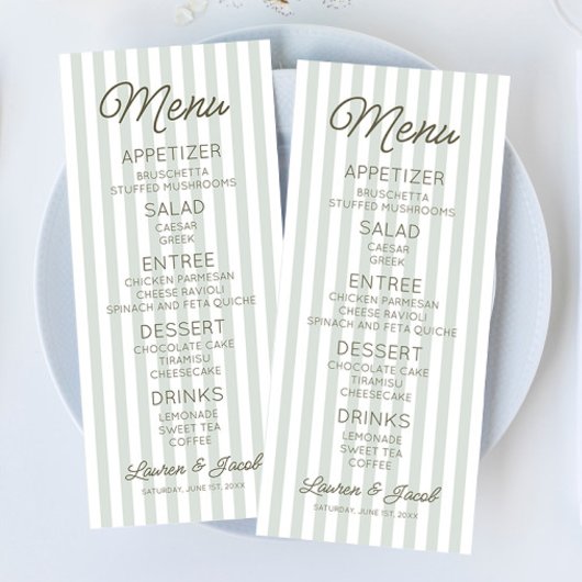Modern Minimal Minimalist Green Stripes Wedding Menu