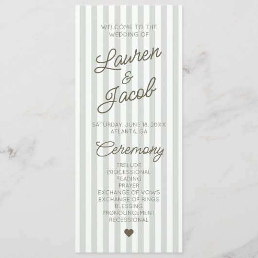 Modern Minimal Minimalist Green Stripes Wedding Programmakaart (Voorkant)