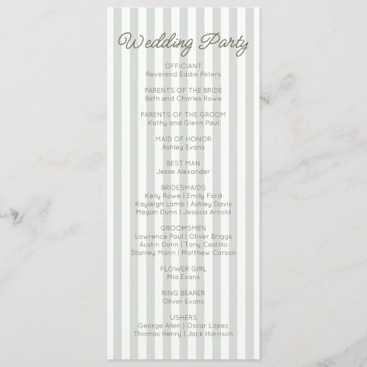 Modern Minimal Minimalist Green Stripes Wedding Programmakaart (Achterkant)