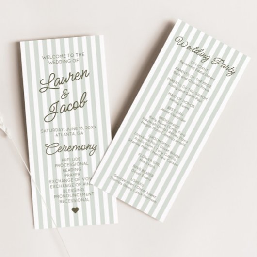 Modern Minimal Minimalist Green Stripes Wedding Programmakaart