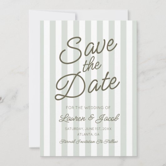Modern Minimal Minimalist Green Stripes Wedding Save The Date (Voorkant)