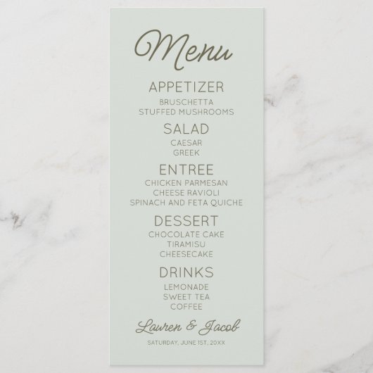 Modern Minimal Minimalist Green Wedding Menu (Voorkant)