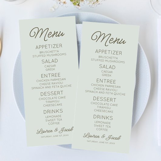 Modern Minimal Minimalist Green Wedding Menu