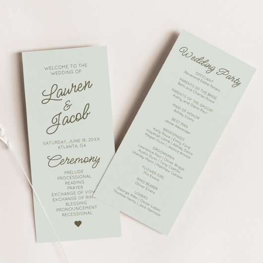 Modern Minimal Minimalist Green  Wedding Programmakaart